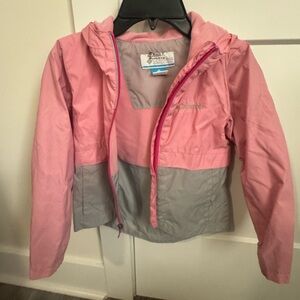 Columbia Pink and Gray Hooded Kids Rain Jacket